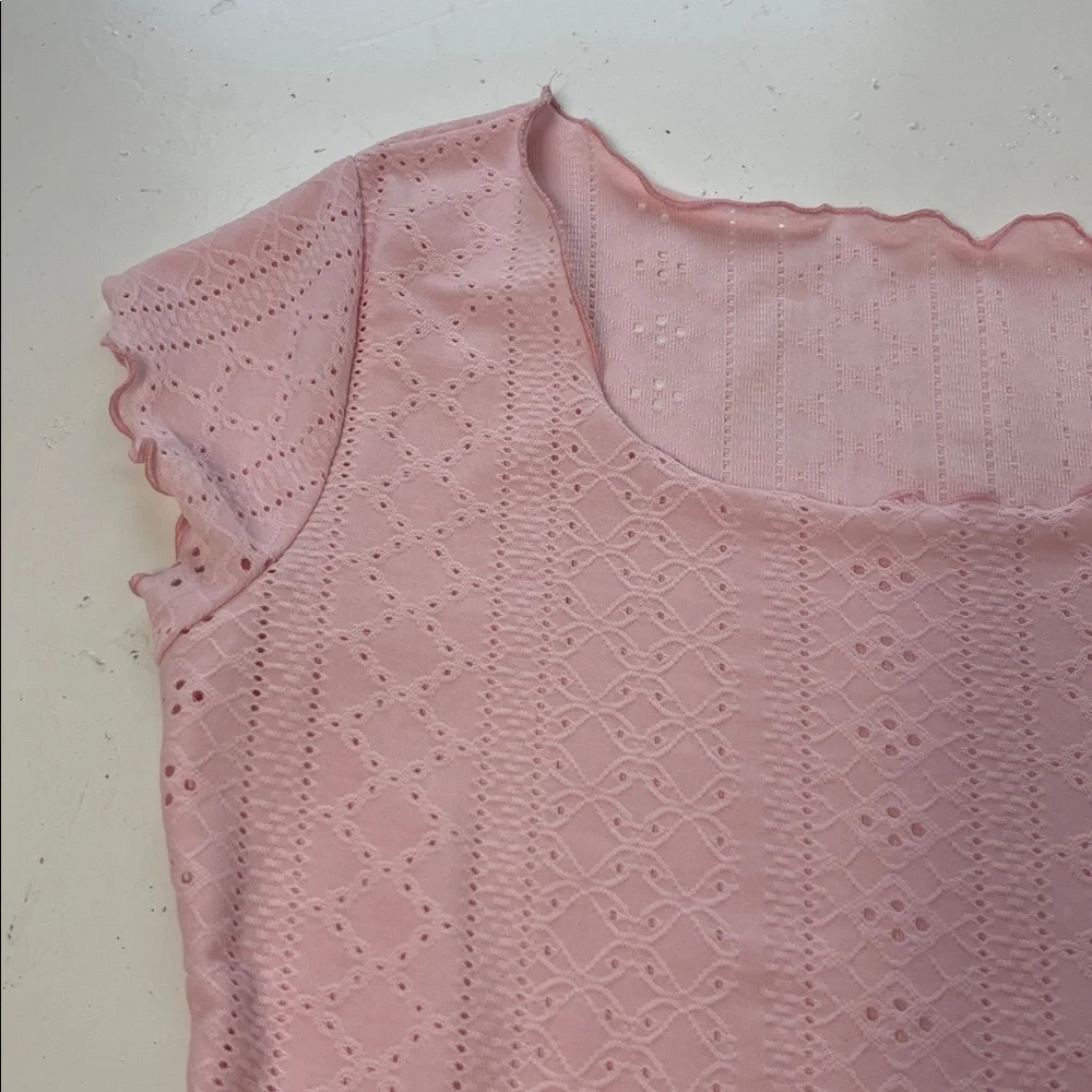Small Pink Short Sleeve Lettuce Edge Hem Sheer Scoop Neck Blouse